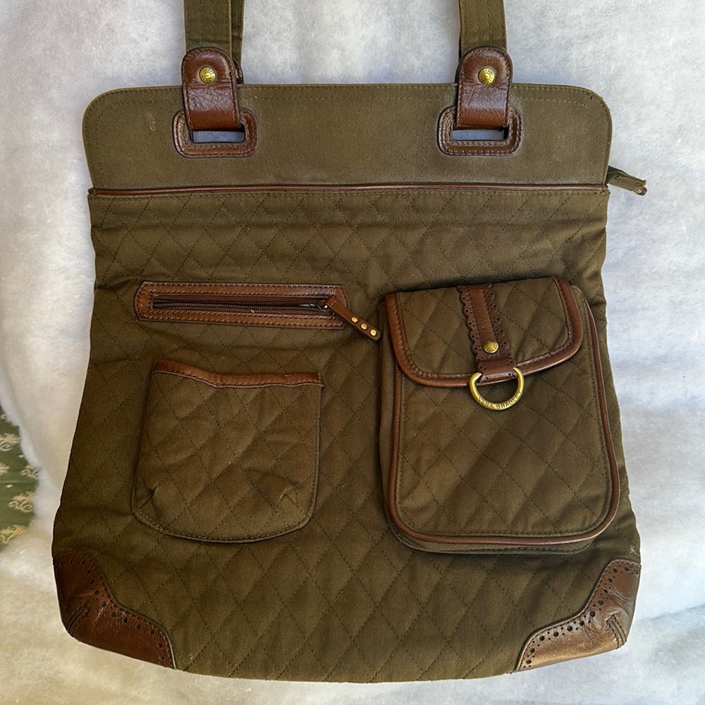 *Vera Bradley Middleton Slim Olive Quilted Canvas/ Leather Tote